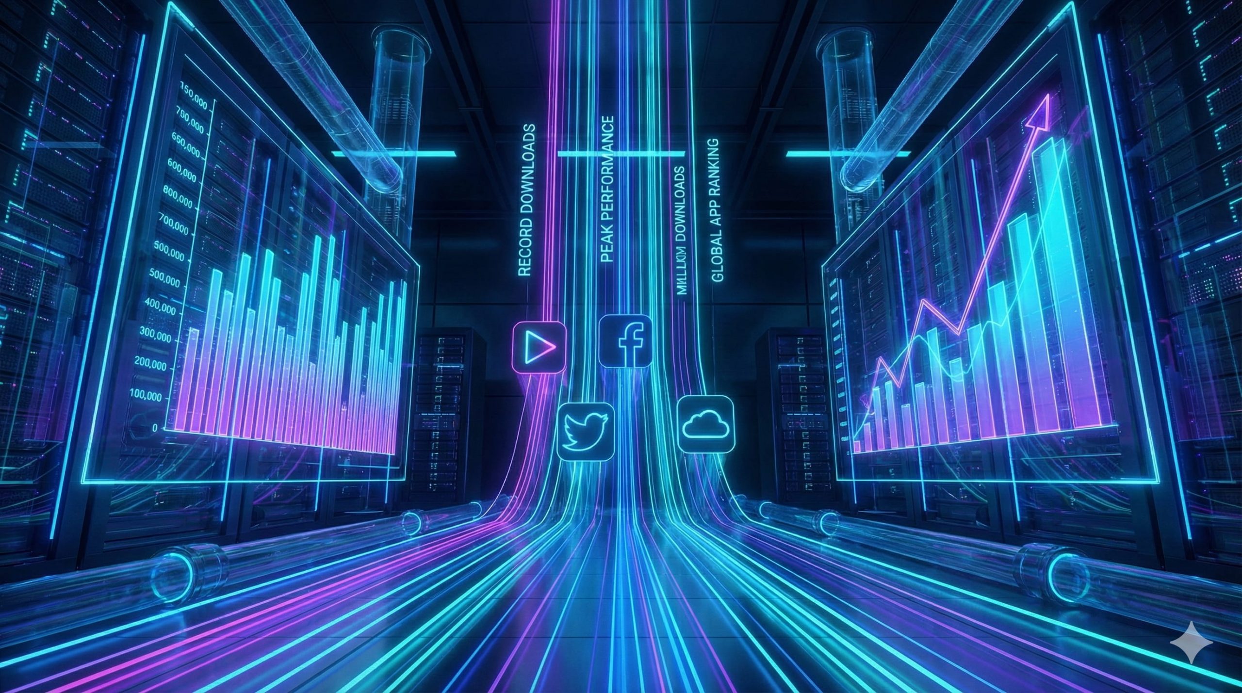 Gráficos 3D futuristas mostrando el récord de descargas globales y rendimiento de aplicaciones móviles.
