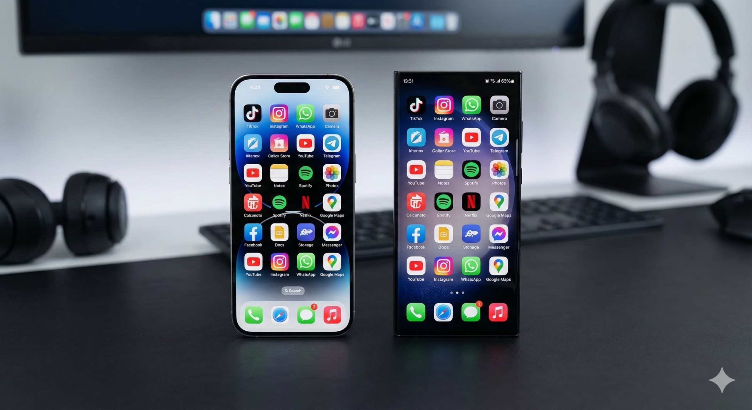 Comparativa de iPhone y Android mostrando pantallas llenas de iconos de aplicaciones populares como TikTok, Instagram y WhatsApp.