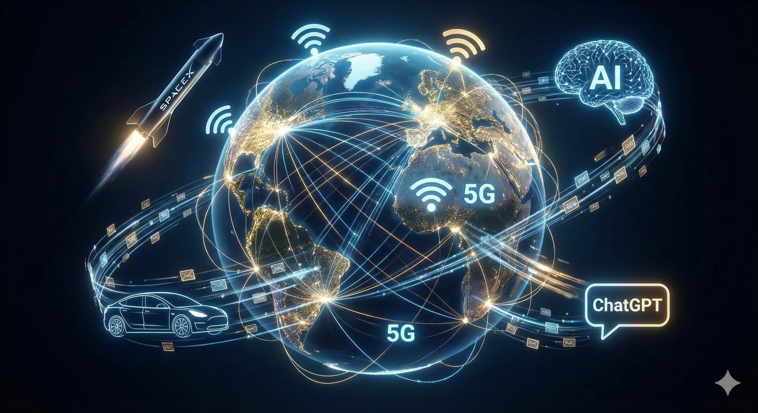 Ilustración de la Tierra conectada con redes WiFi y 5G, rodeada de iconos de Inteligencia Artificial, SpaceX y ChatGPT.