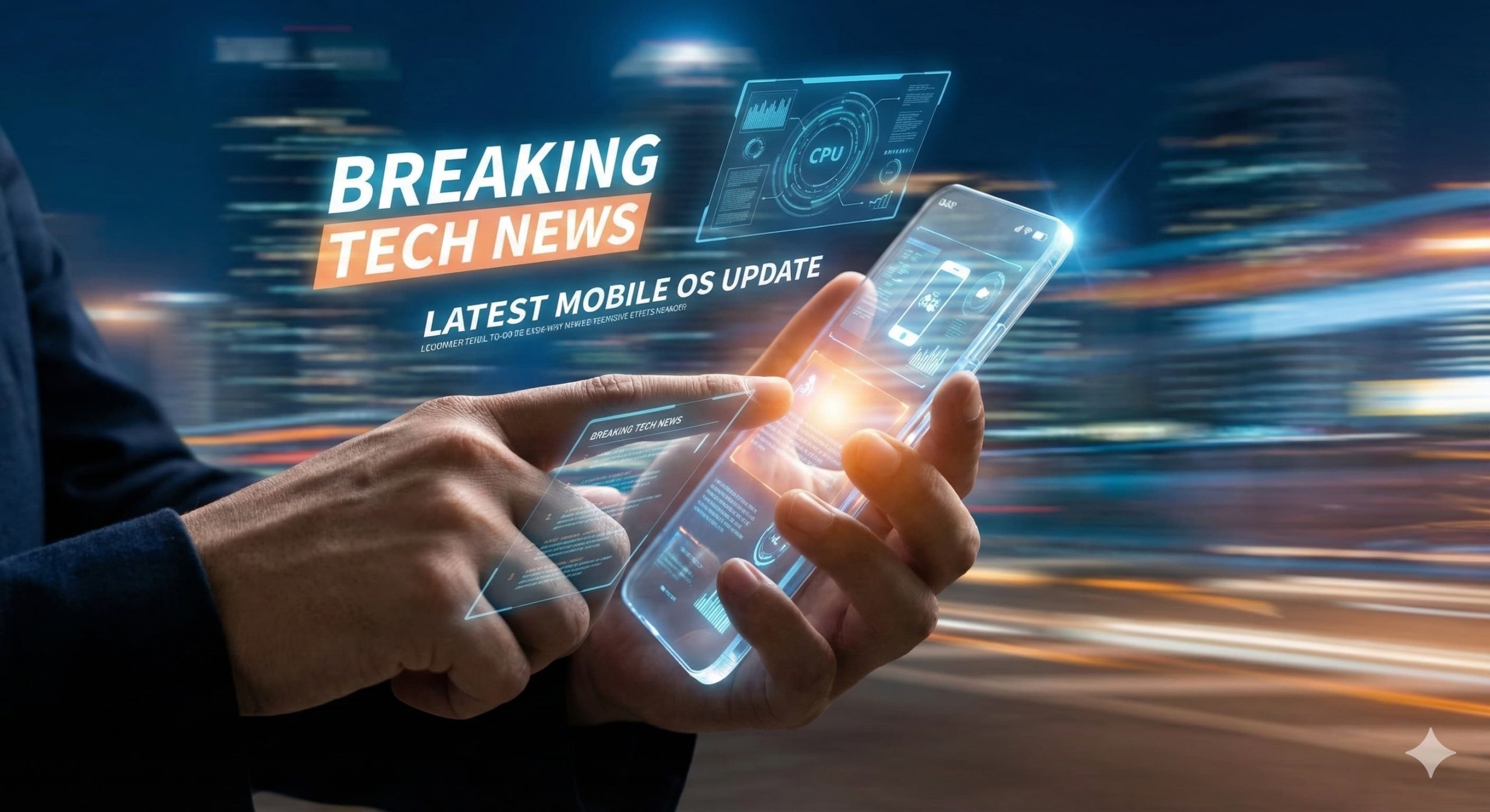 Pantalla de smartphone futurista mostrando titulares de noticias tecnológicas de última hora y actualizaciones de sistemas operativos.