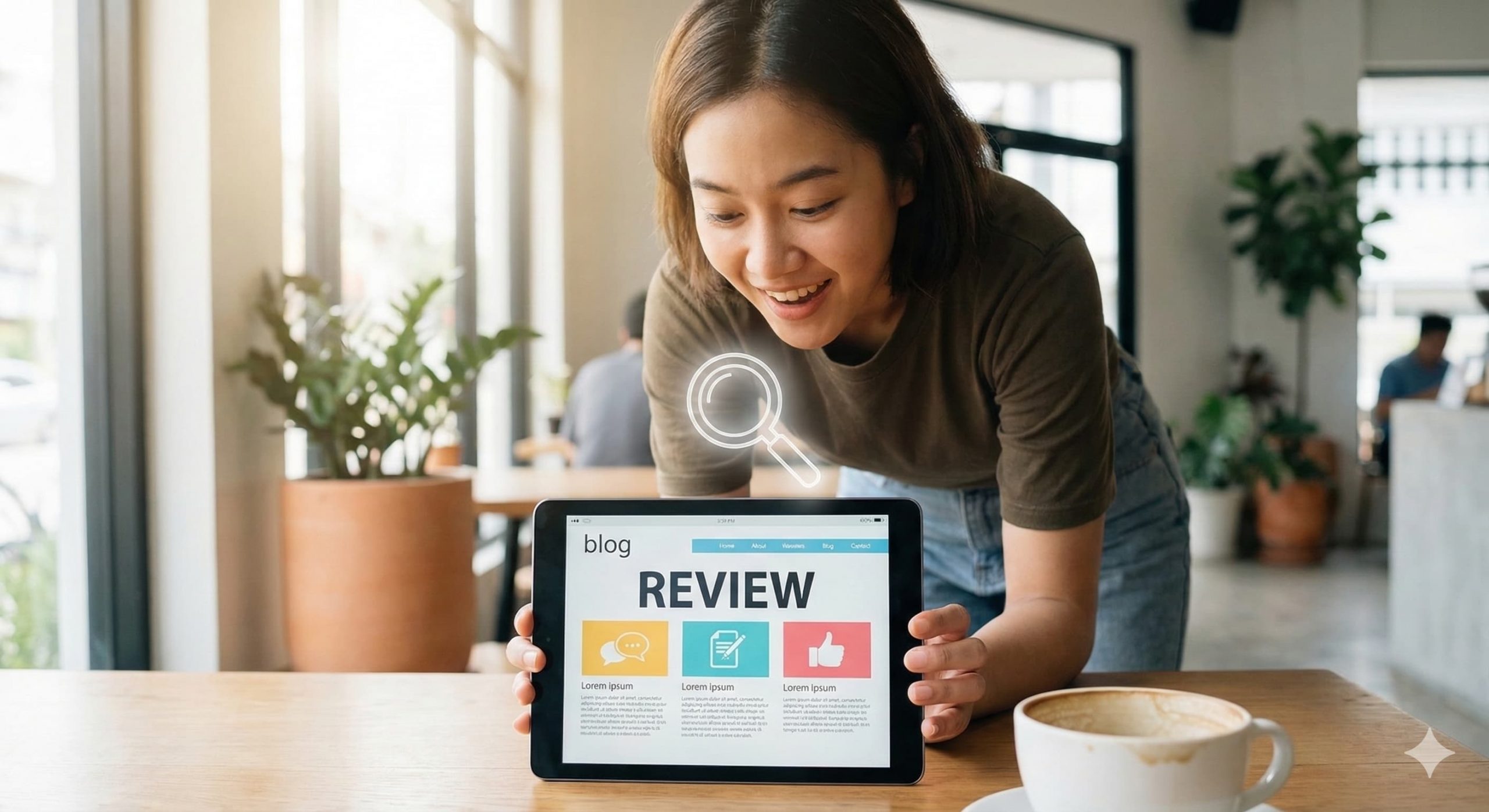 Persona joven en una cafetería moderna descubriendo novedades tecnológicas en una tablet a través del blog MovilInside.