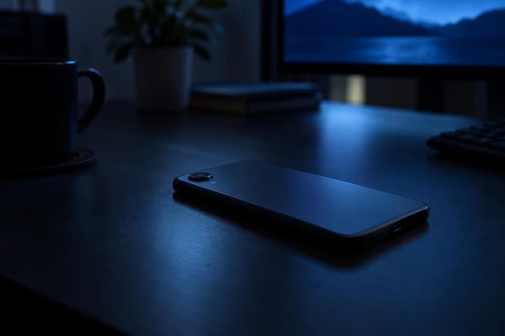 Móvil negro genérico boca abajo sobre un escritorio oscuro iluminado por la luz azul de un monitor