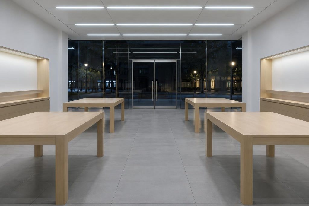 Tienda de electrónica vacía con mesas de madera clara sin productos y luz fría