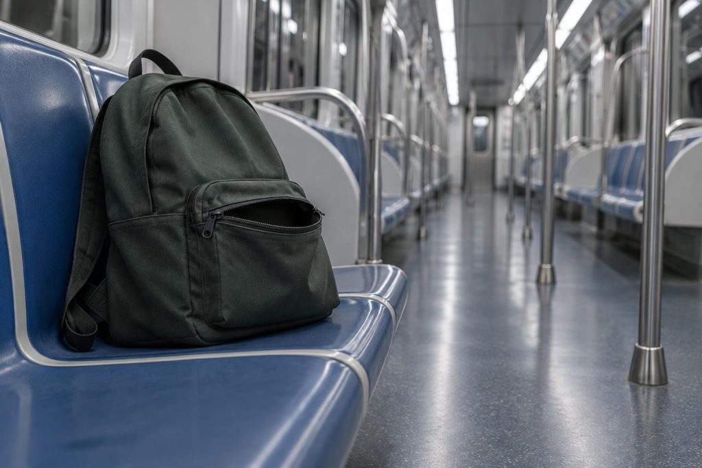 Mochila verde oscuro con el bolsillo delantero medio abierto sobre un asiento azul de un vagón de metro vacío