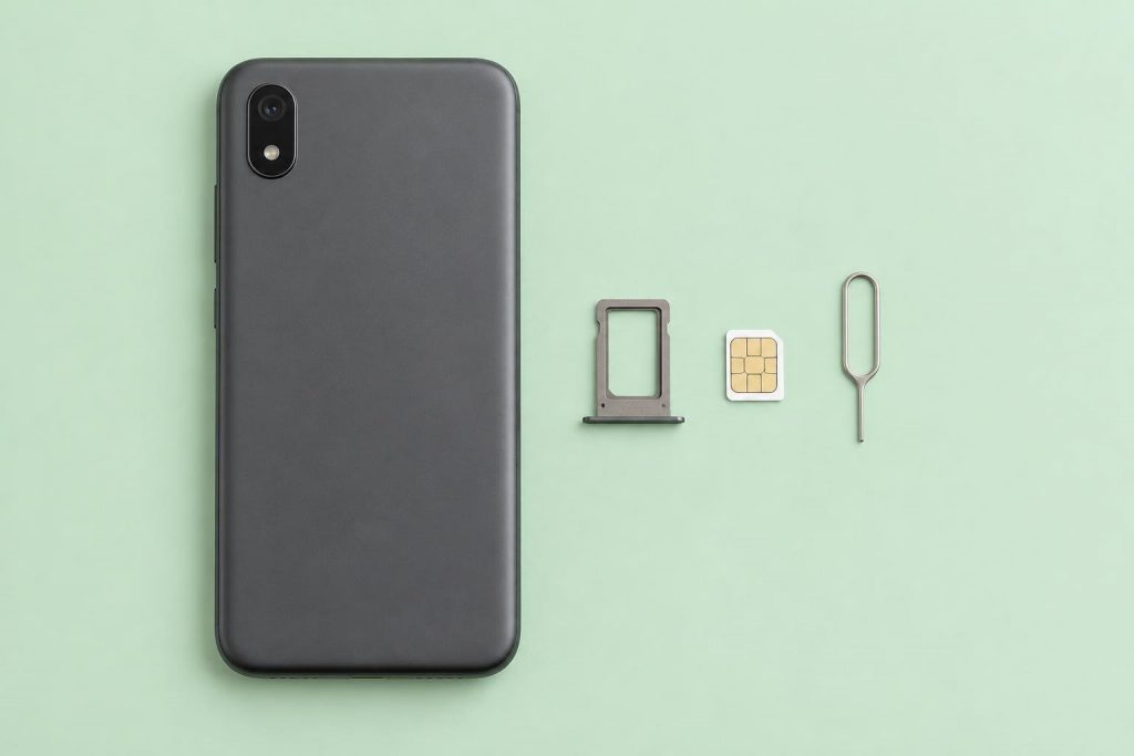 Vista cenital de un móvil gris sin marca boca abajo junto a una bandeja de SIM, una tarjeta SIM y una aguja extractora sobre un fondo verde claro