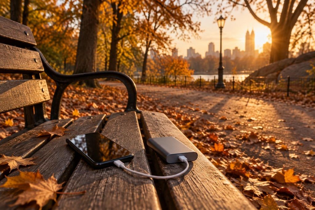 Móvil sin marca conectado a una batería externa gris sobre un banco de parque con hojas de otoño al atardecer