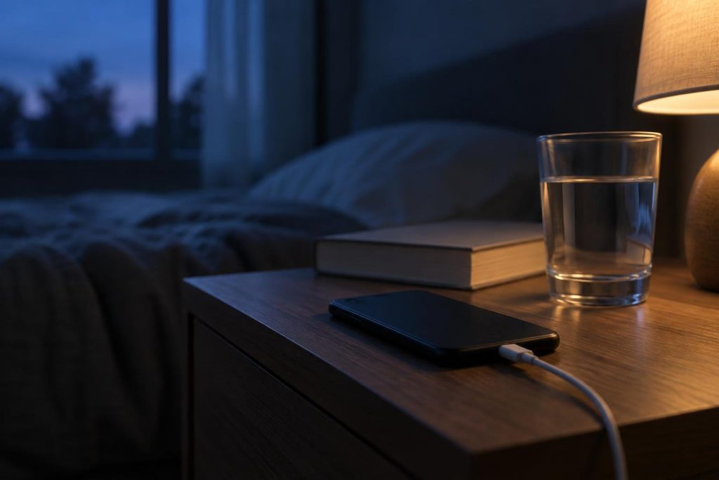 Móvil sin marca cargando boca abajo en una mesilla de noche junto a un vaso de agua, un libro y una lámpara encendida