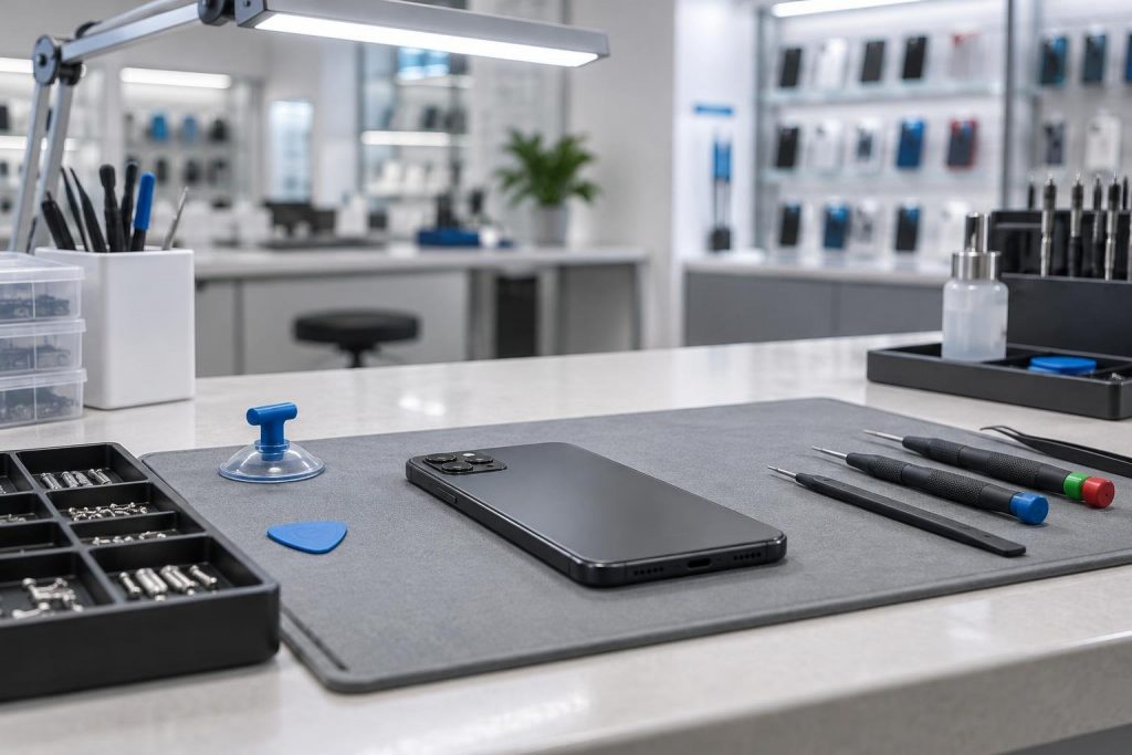 Mostrador de un taller de reparación de móviles con un teléfono sin marca sobre una alfombrilla gris y herramientas de precisión