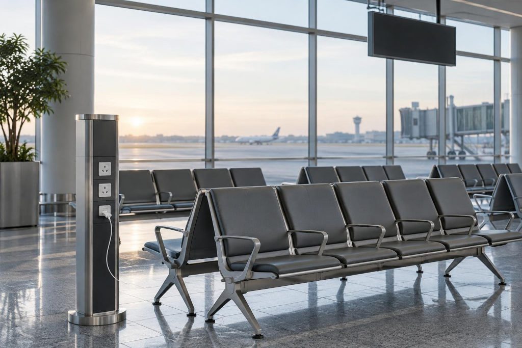 Sala de espera de un aeropuerto vacía, con filas de asientos grises y una columna de enchufes con un cable blanco conectado
